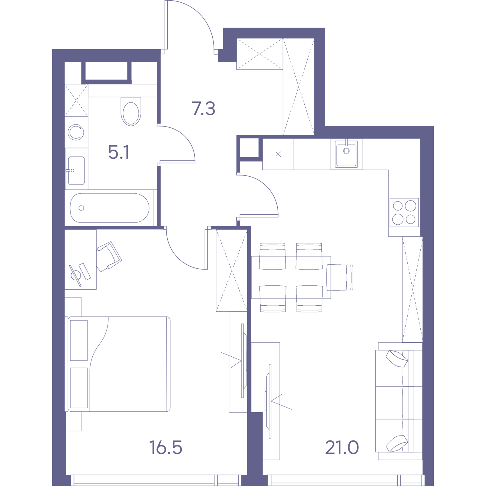 Планировка: 2-комнатная квартира, 49,9 м²