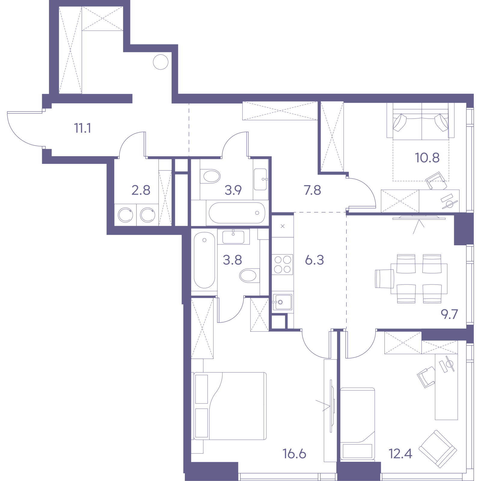 Планировка: 4-комнатная квартира, 85,2 м²