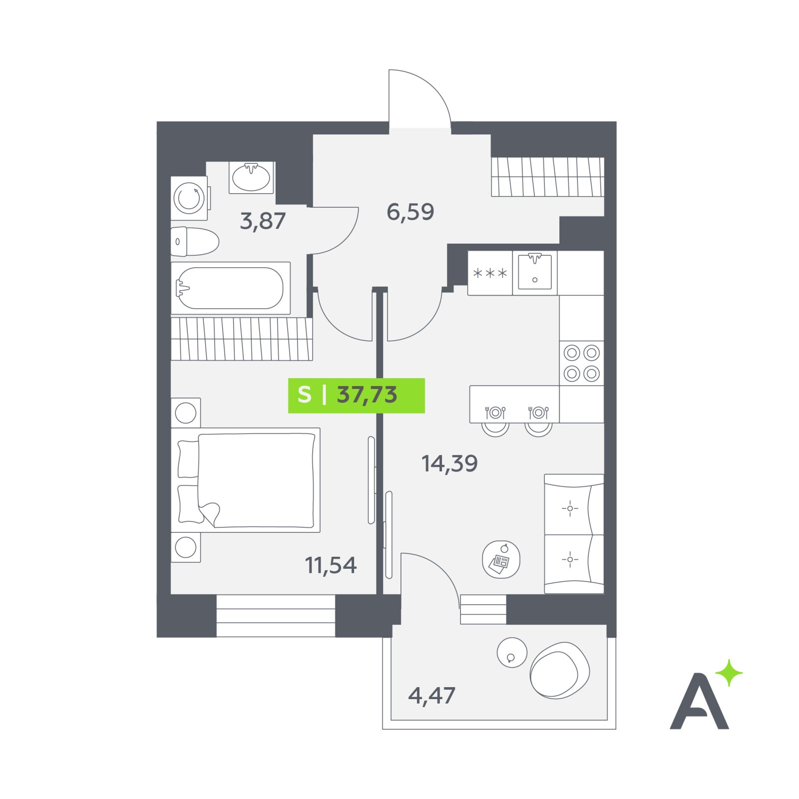 Планировка: 2-комнатная квартира, 37,7 м²