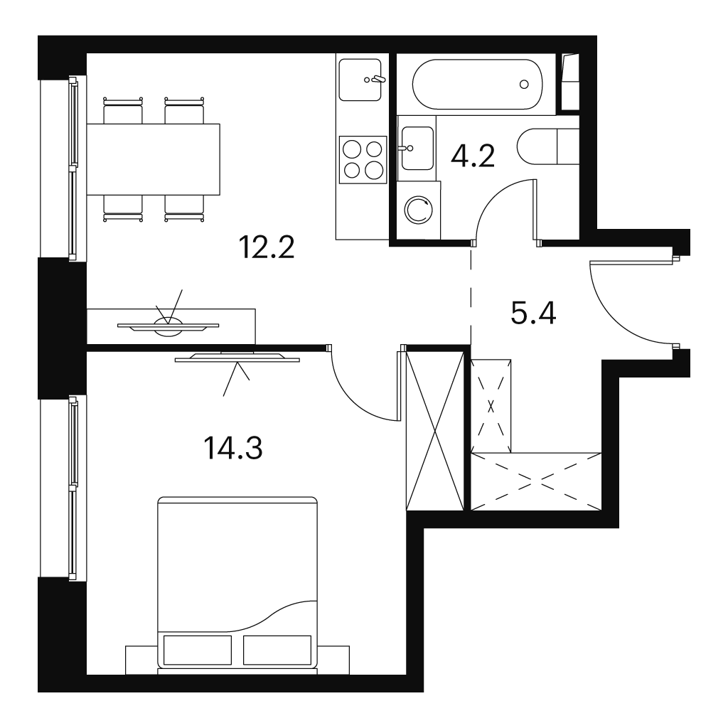 Планировка: 1-комнатная квартира, 36,1 м²