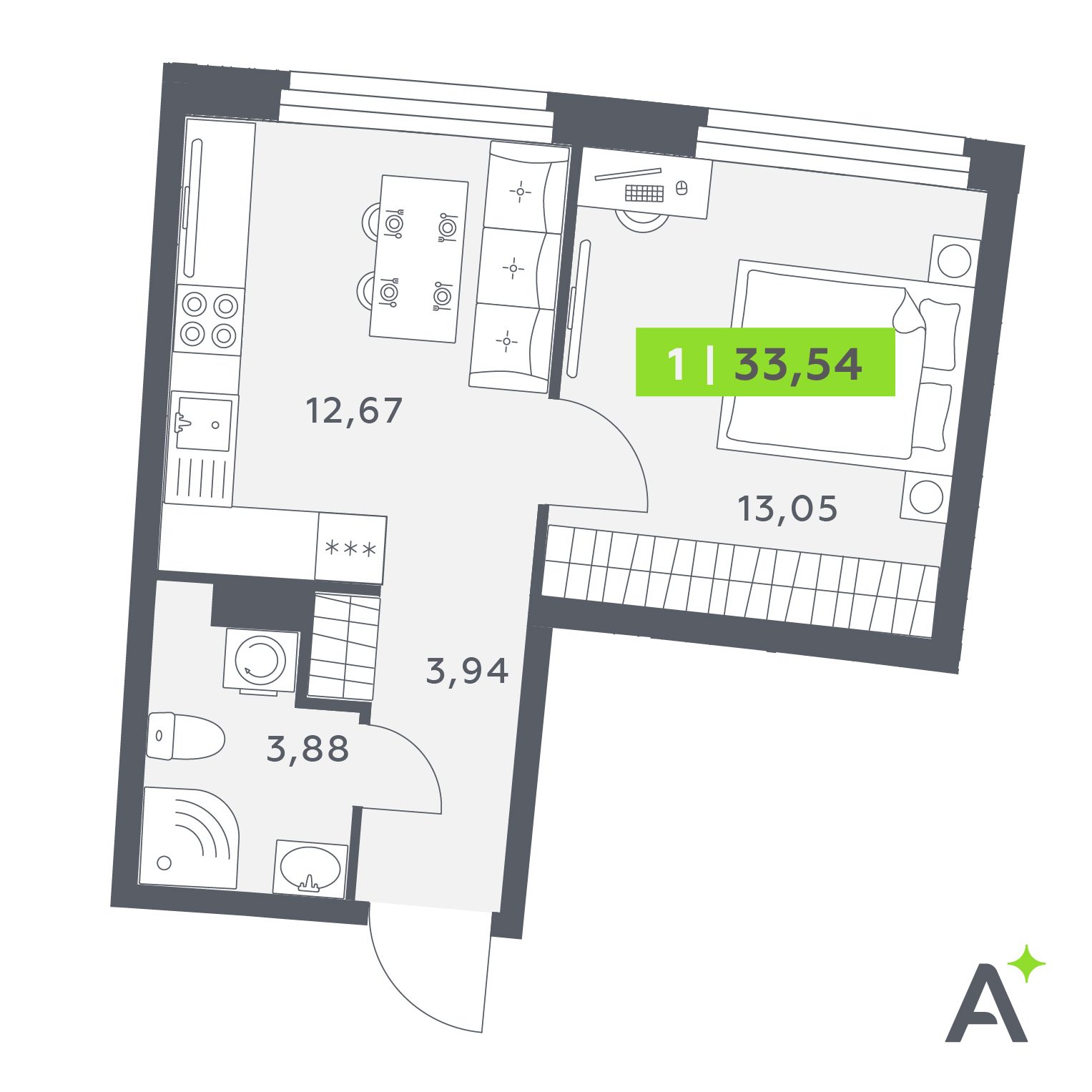 Планировка: 1-комнатная квартира, 33,5 м²