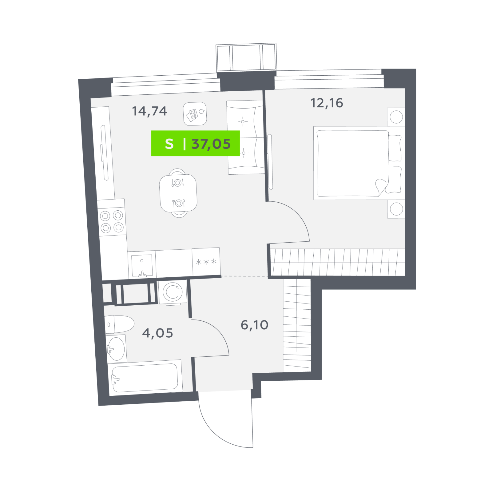 Планировка: 2-комнатная квартира, 37,1 м²