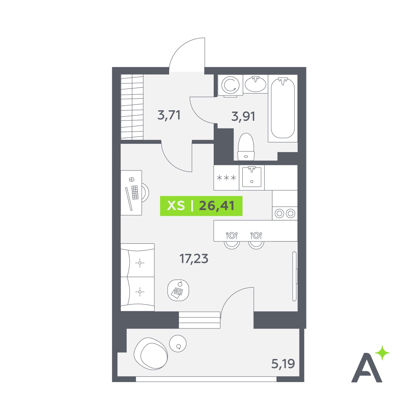 Планировка: студия, 26,4 м²