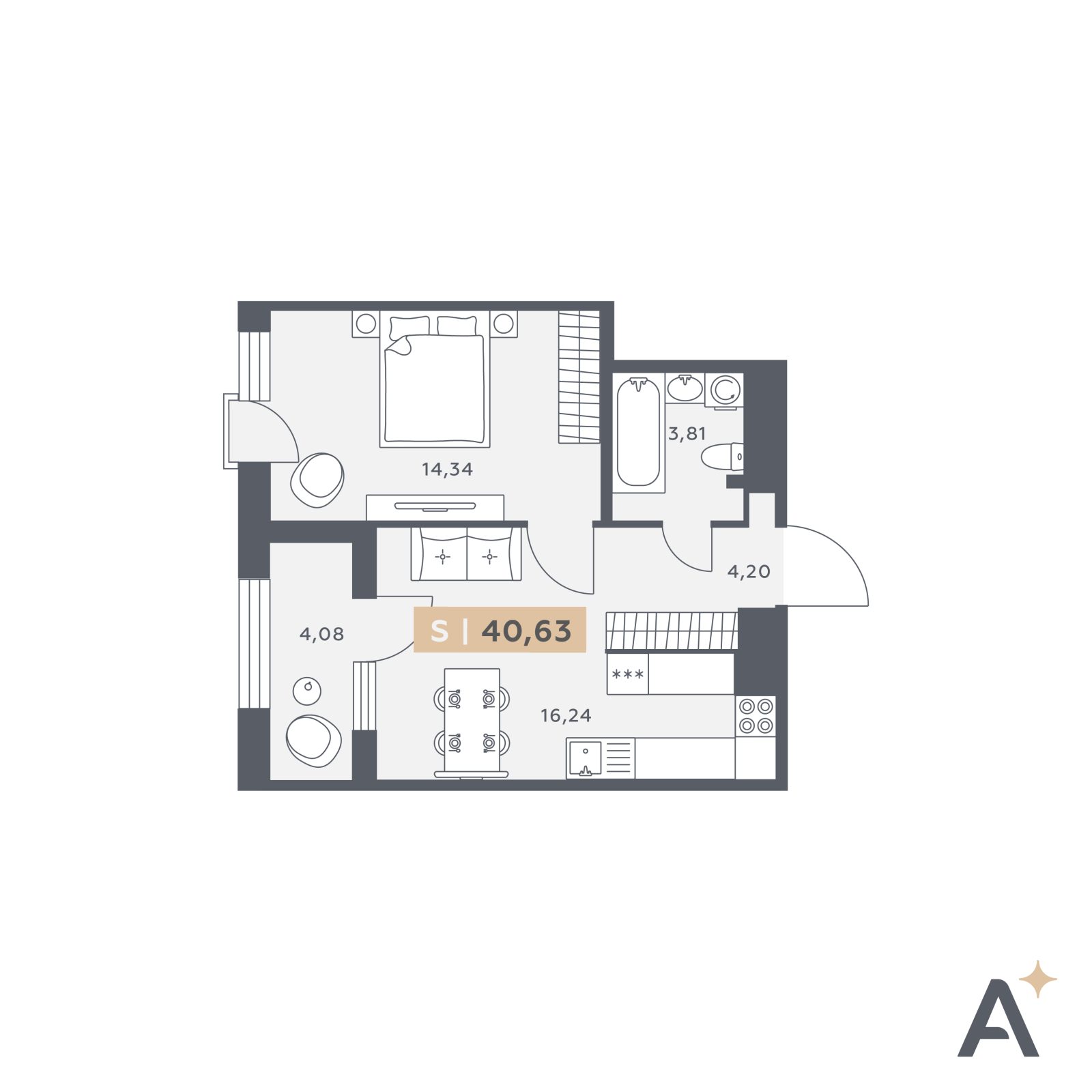 Планировка: 2-комнатная квартира, 40,6 м²