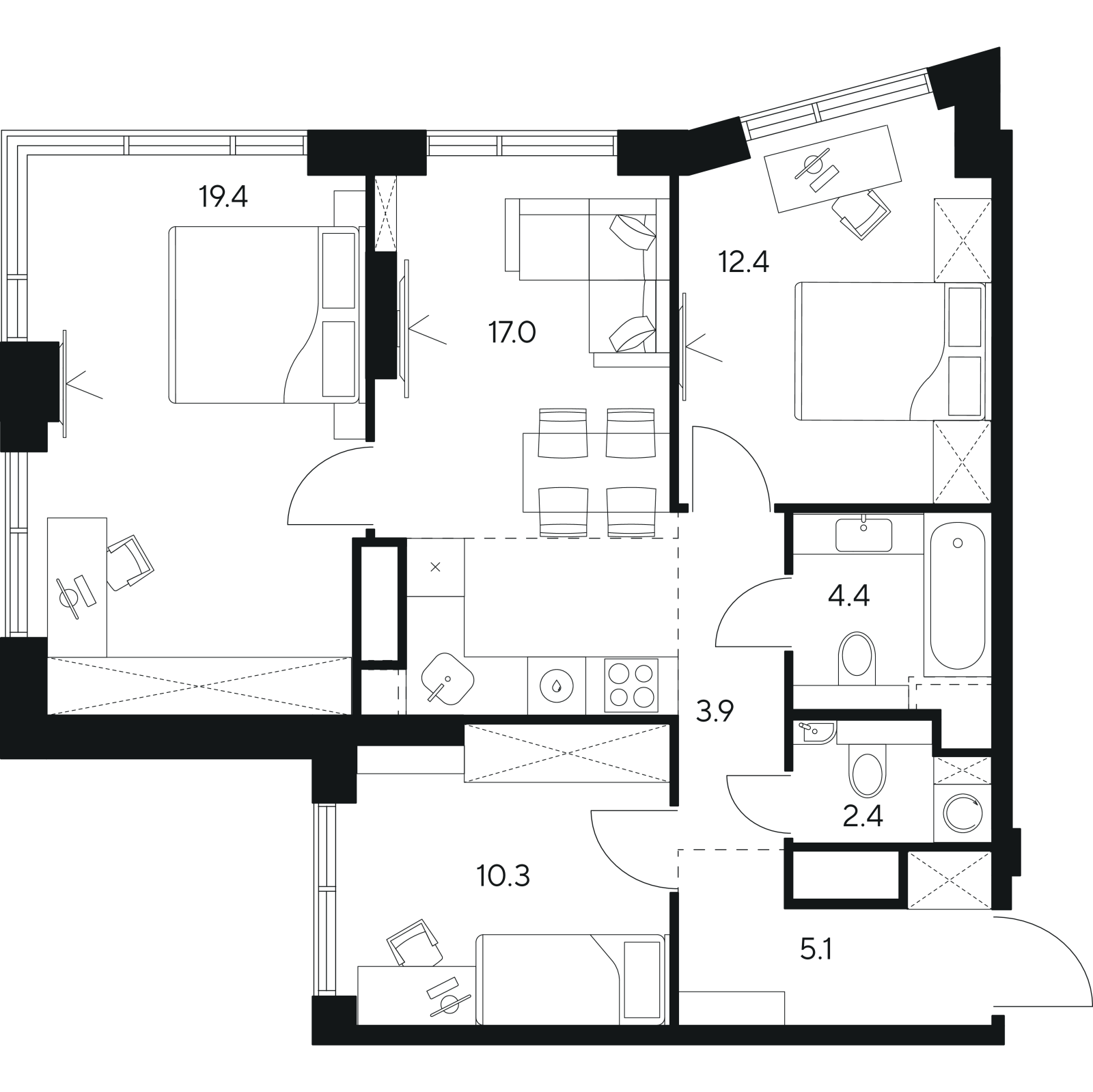 Планировка: 4-комнатная квартира, 74,9 м²