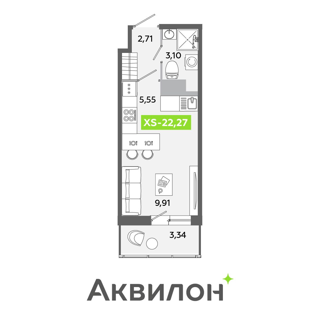 Планировка: студия, 22,3 м²