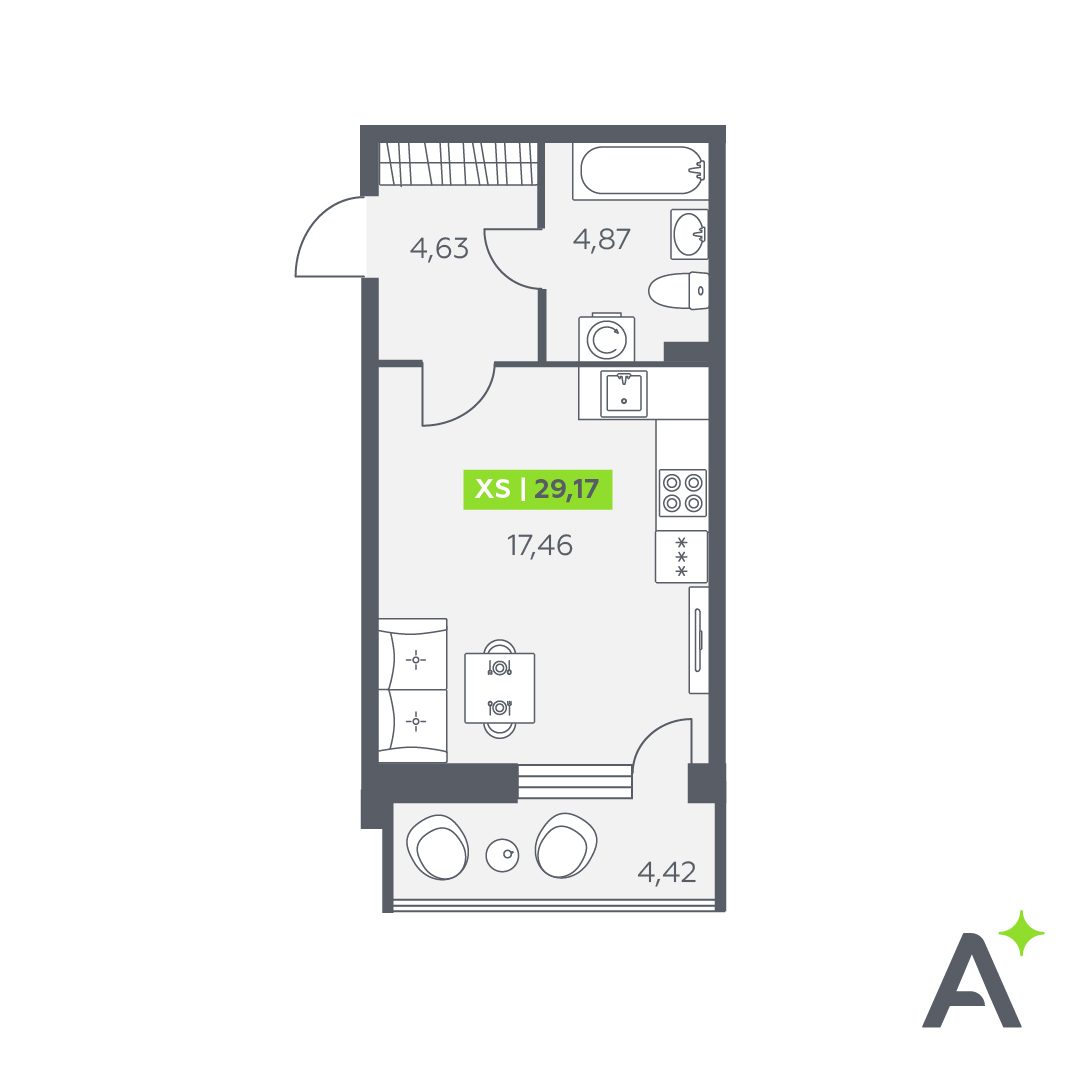 Планировка: студия, 29,2 м²