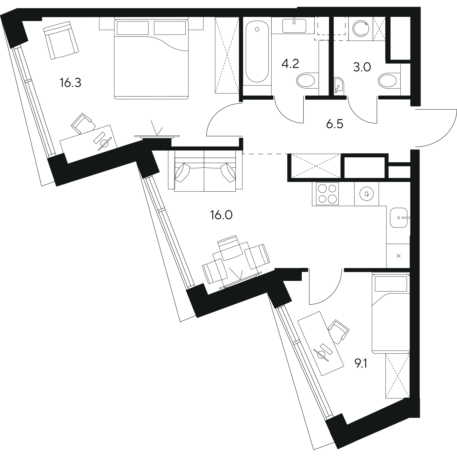Планировка: 3-комнатная квартира, 55,1 м²