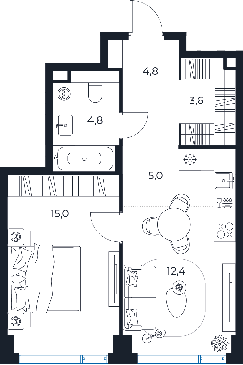 Планировка: 1-комнатная квартира, 45,6 м²