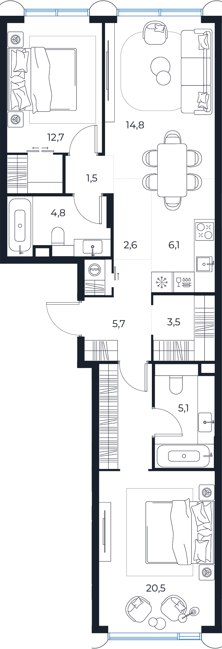 Планировка: 2-комнатная квартира, 77,3 м²