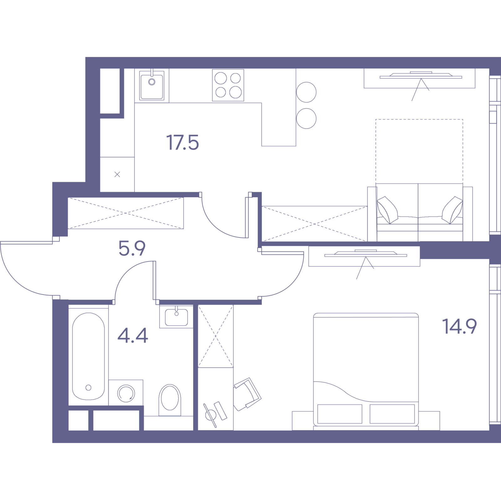 Планировка: 2-комнатная квартира, 42,7 м²