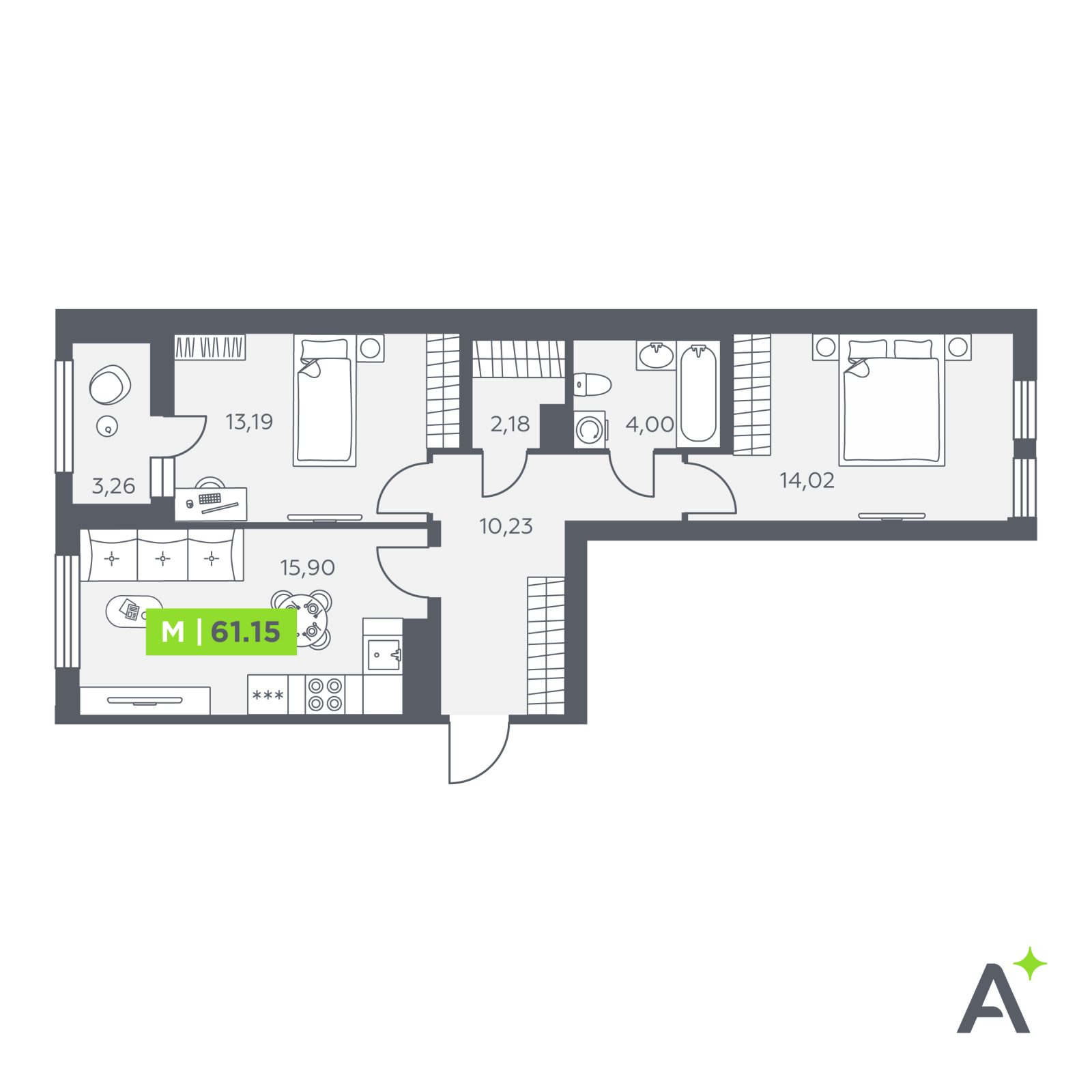 Планировка: 3-комнатная квартира, 61,2 м²
