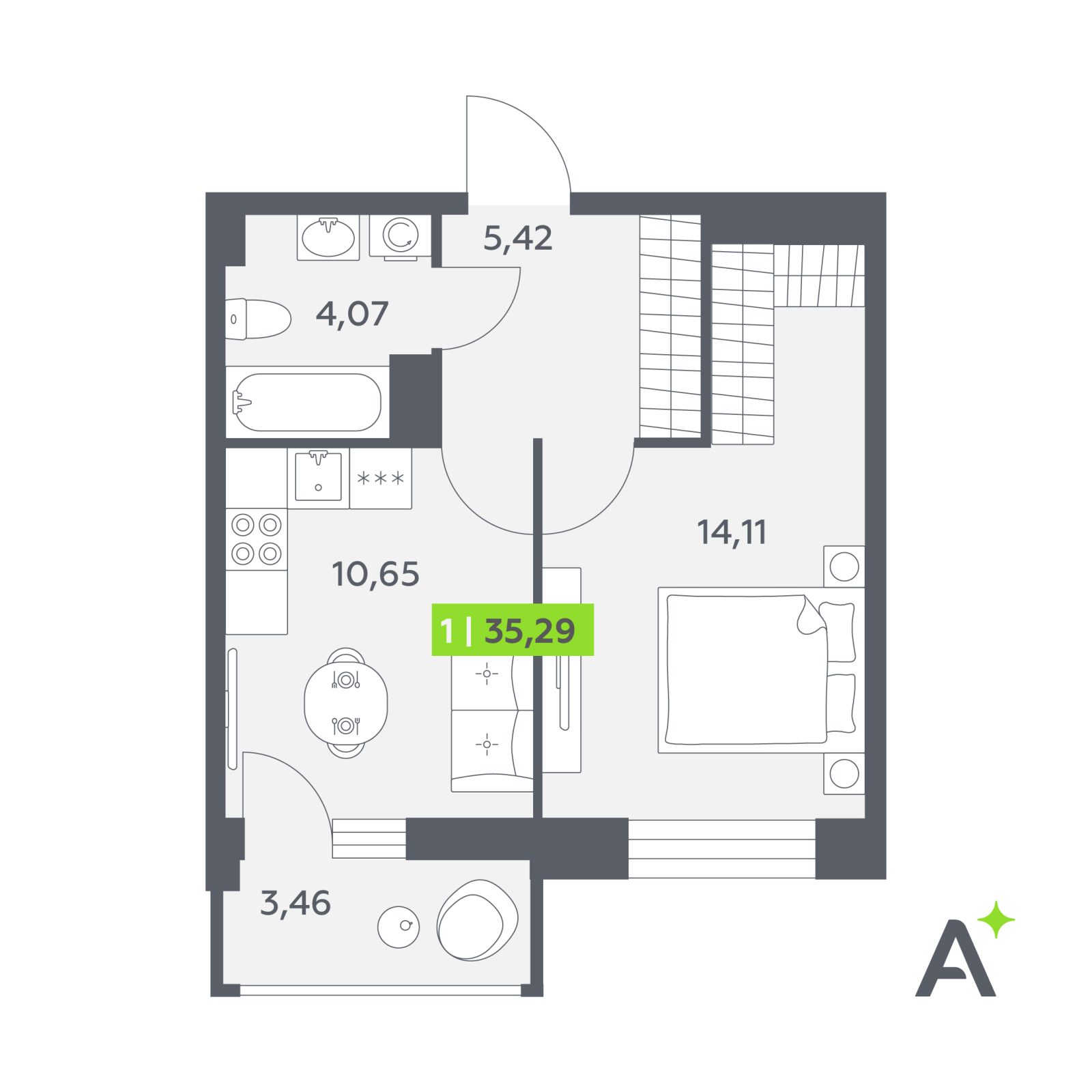 Планировка: 1-комнатная квартира, 35,3 м²