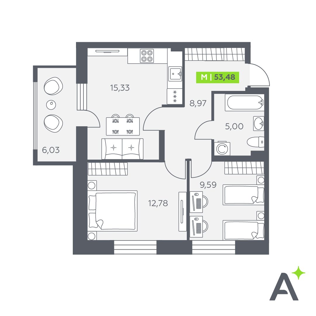 Планировка: 3-комнатная квартира, 53,5 м²