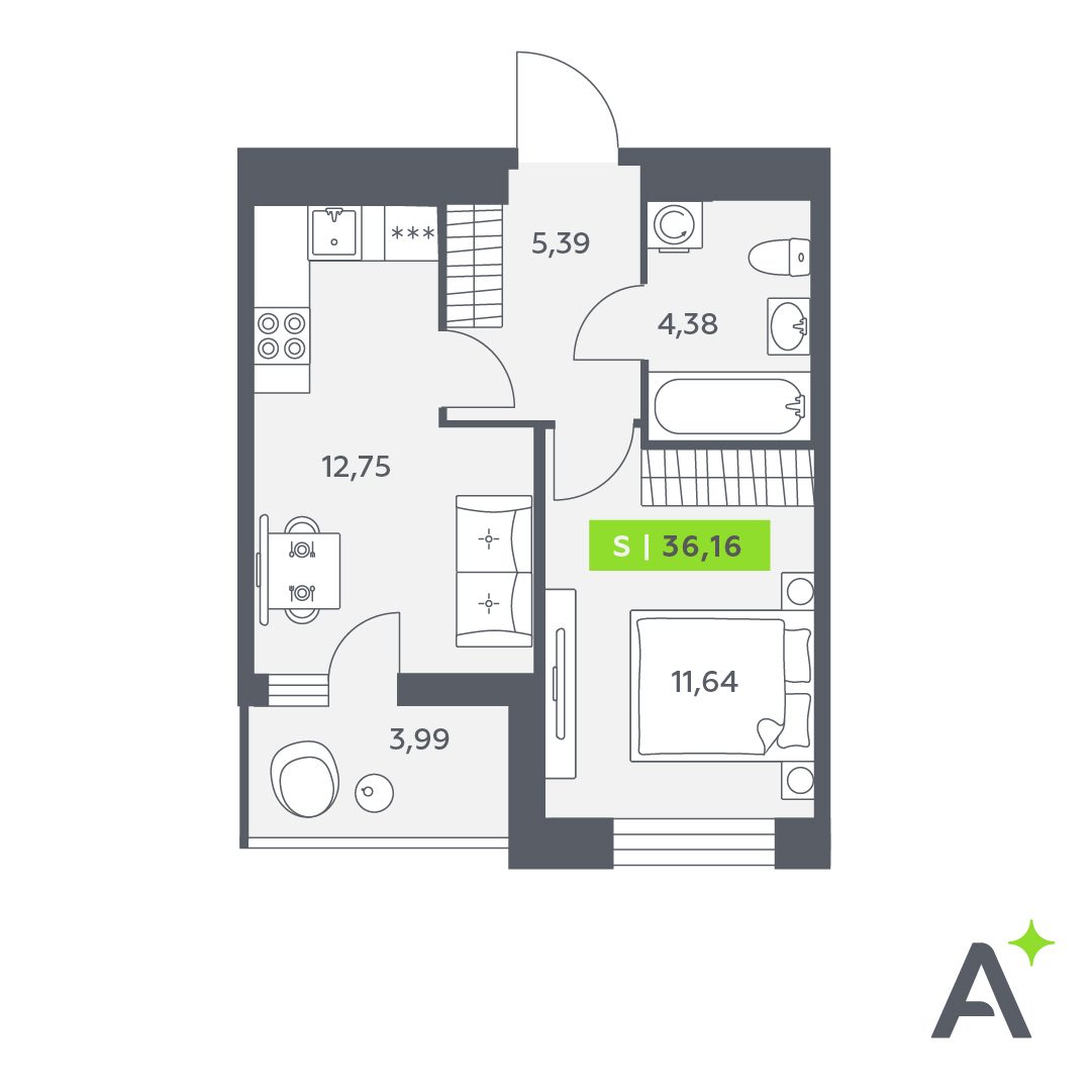 Планировка: 2-комнатная квартира, 36,2 м²