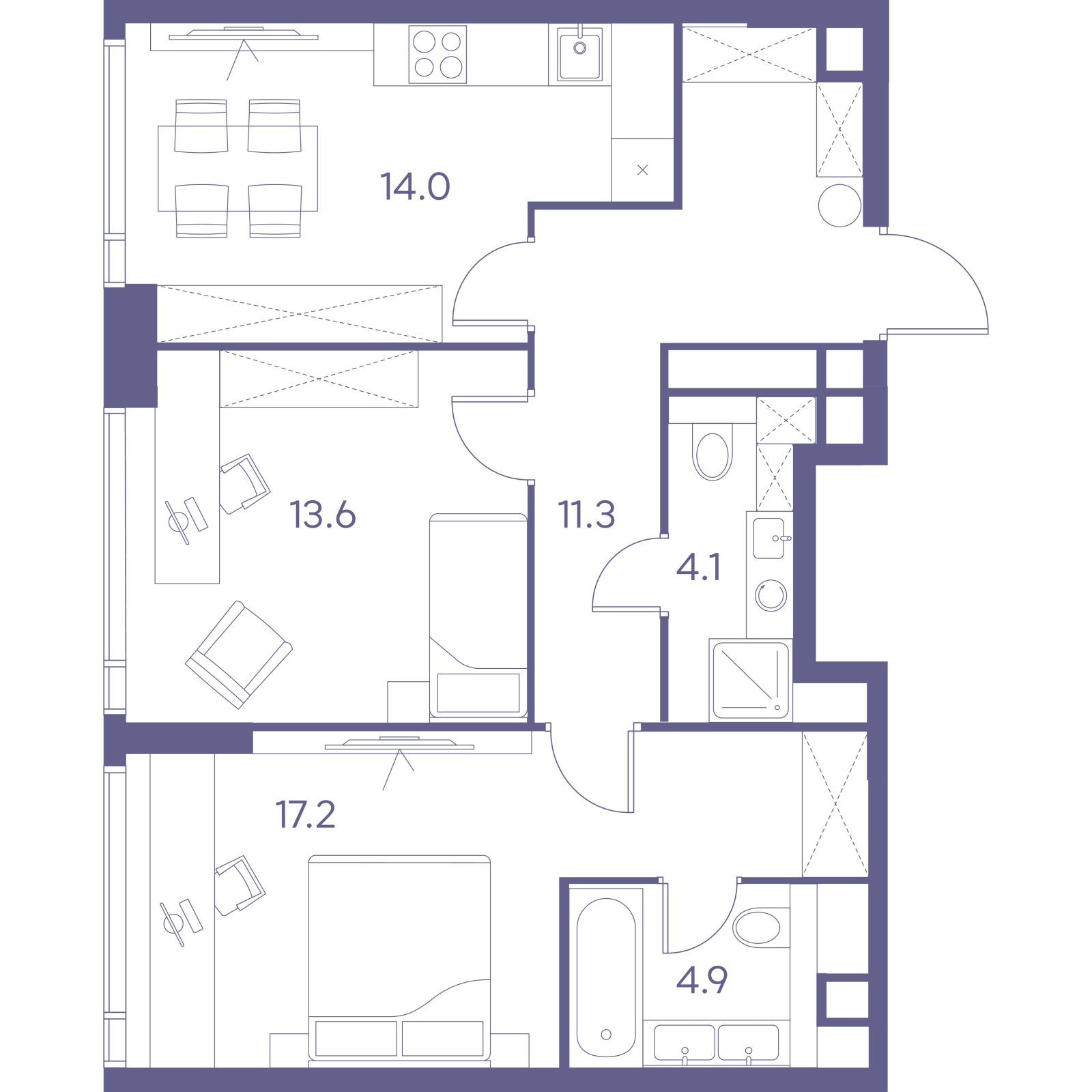 Планировка: 2-комнатная квартира, 65,1 м²