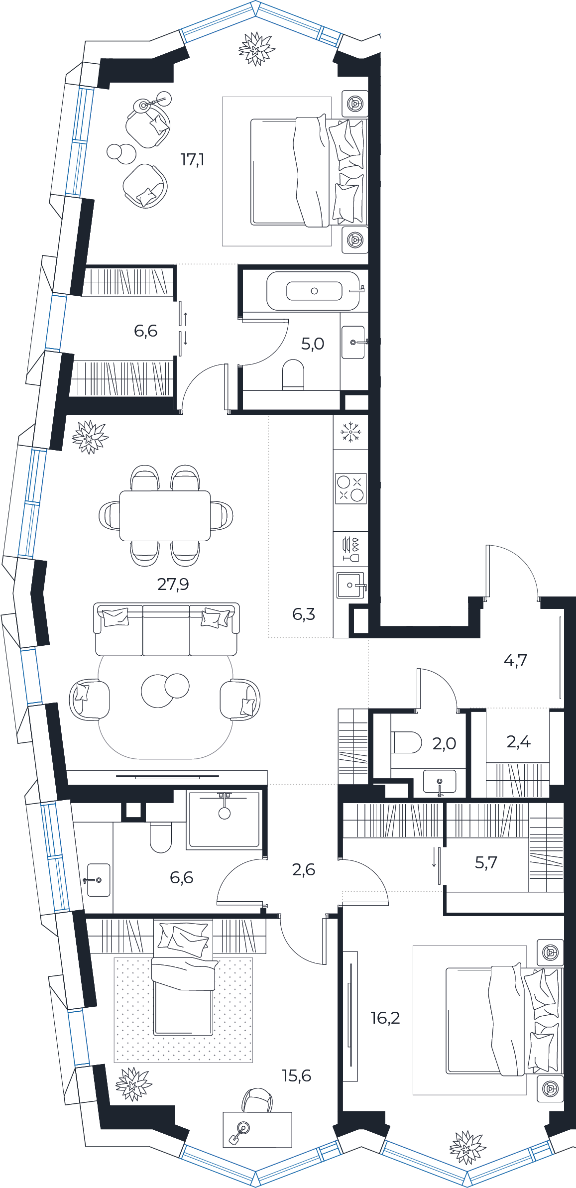 Планировка: 3-комнатная квартира, 118,7 м²