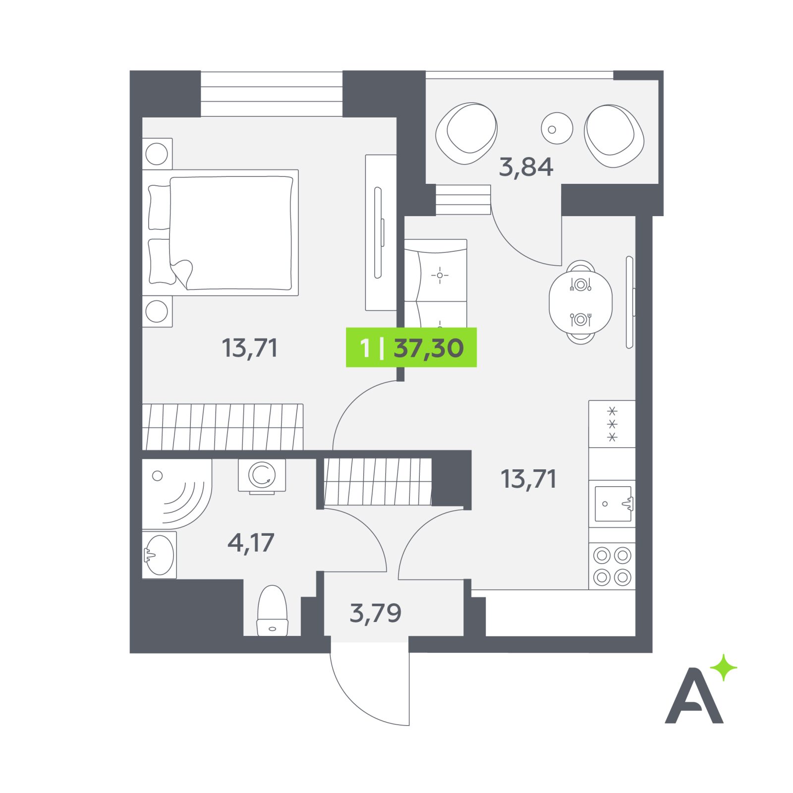 Планировка: 1-комнатная квартира, 37,3 м²
