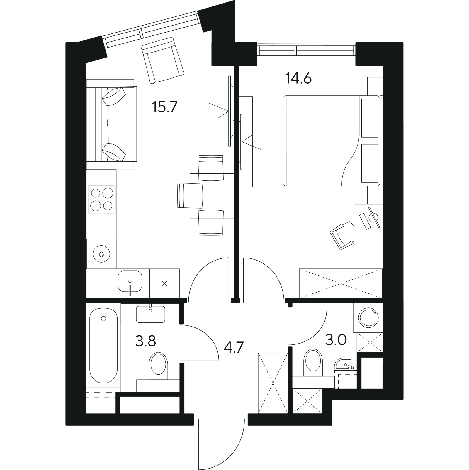 Планировка: 1-комнатная квартира, 41,8 м²