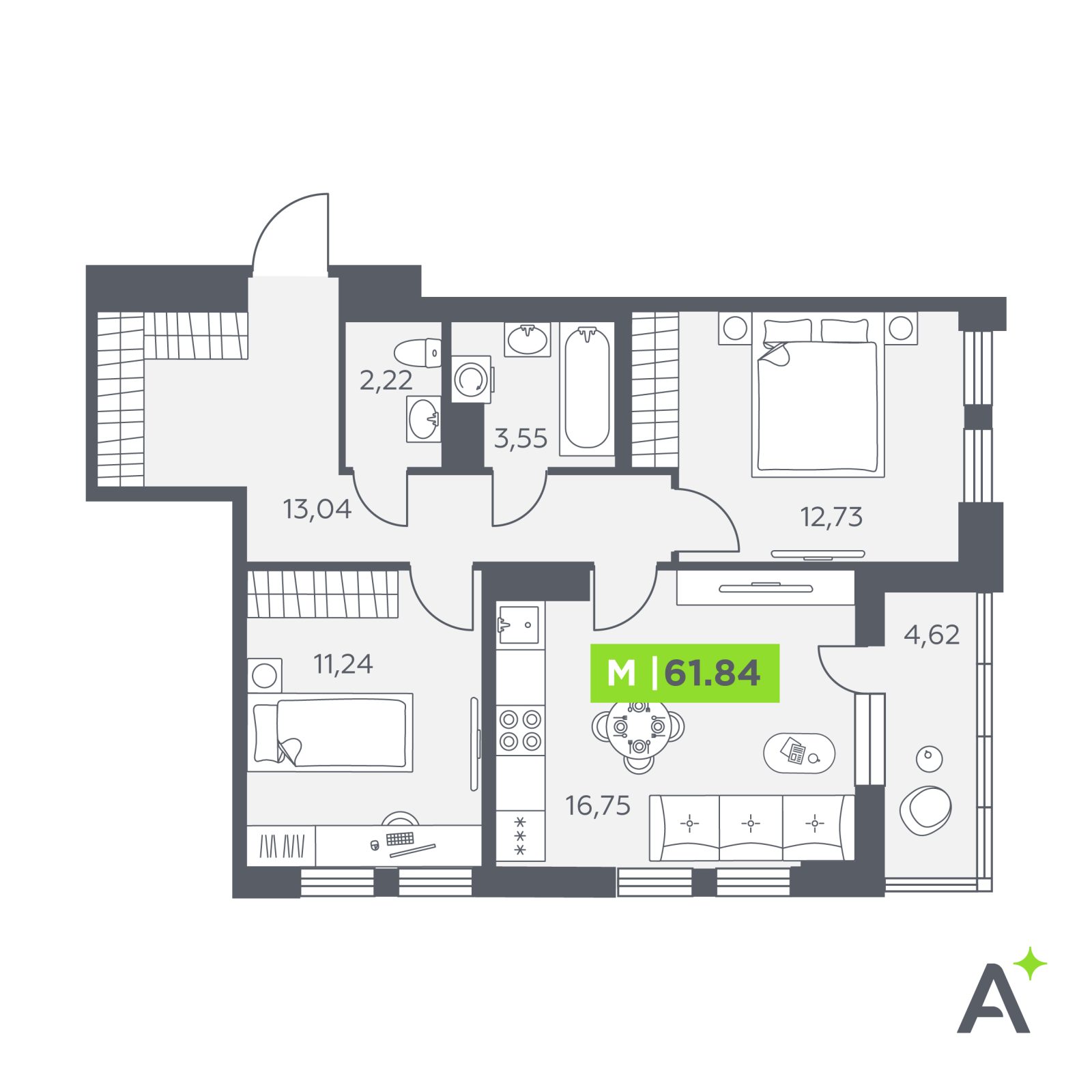 Планировка: 3-комнатная квартира, 61,8 м²