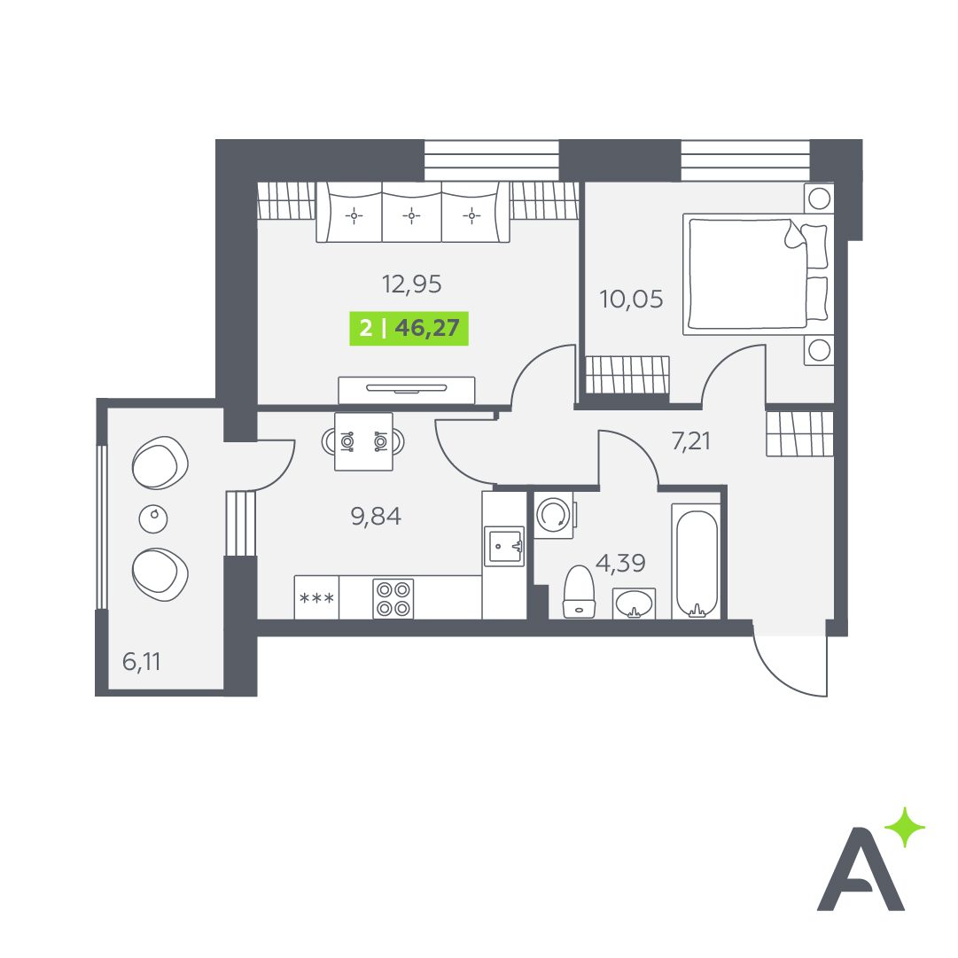 Планировка: 2-комнатная квартира, 46,3 м²