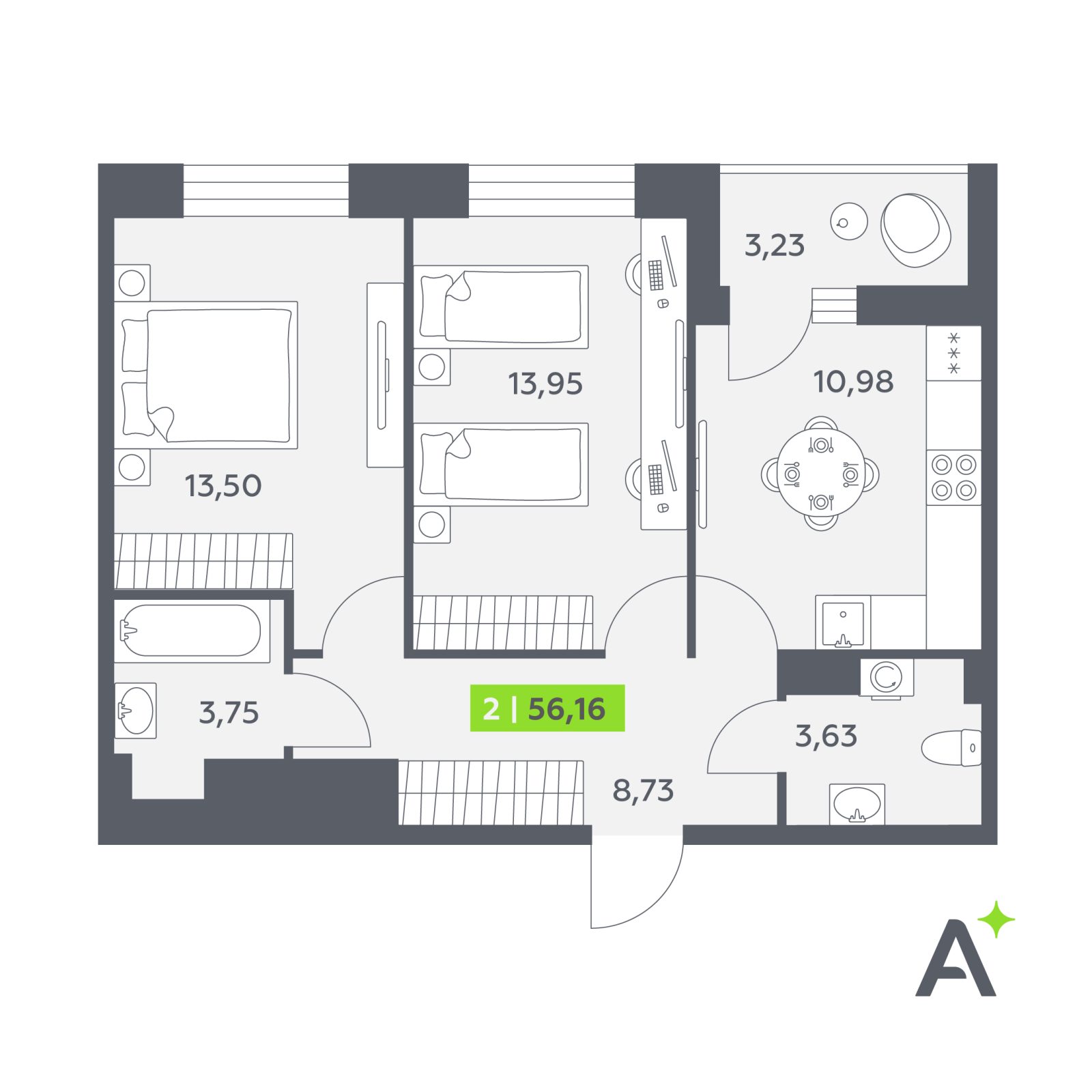 Планировка: 2-комнатная квартира, 56,2 м²