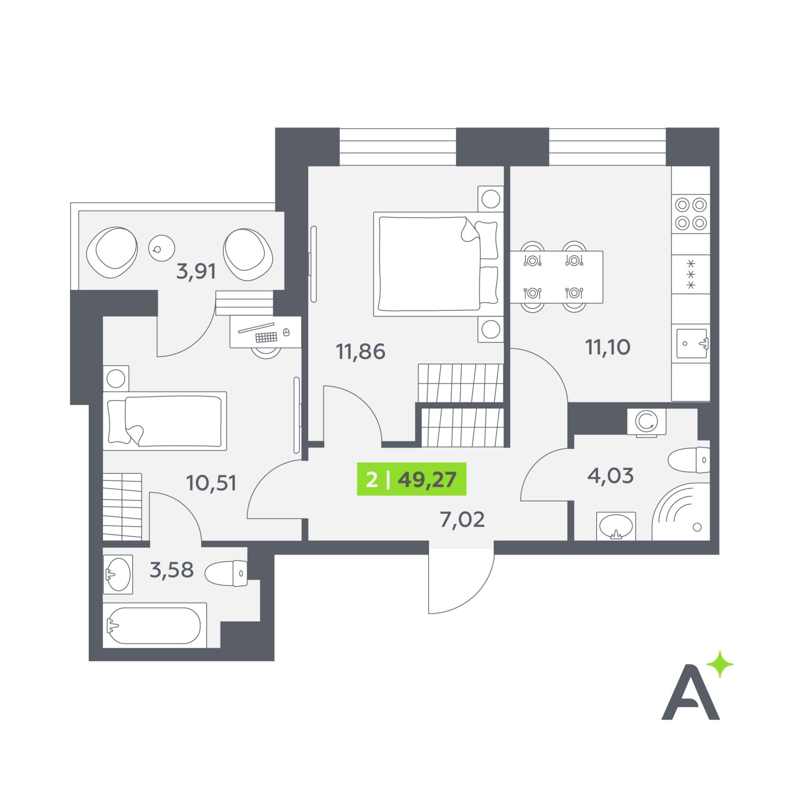 Планировка: 2-комнатная квартира, 49,3 м²