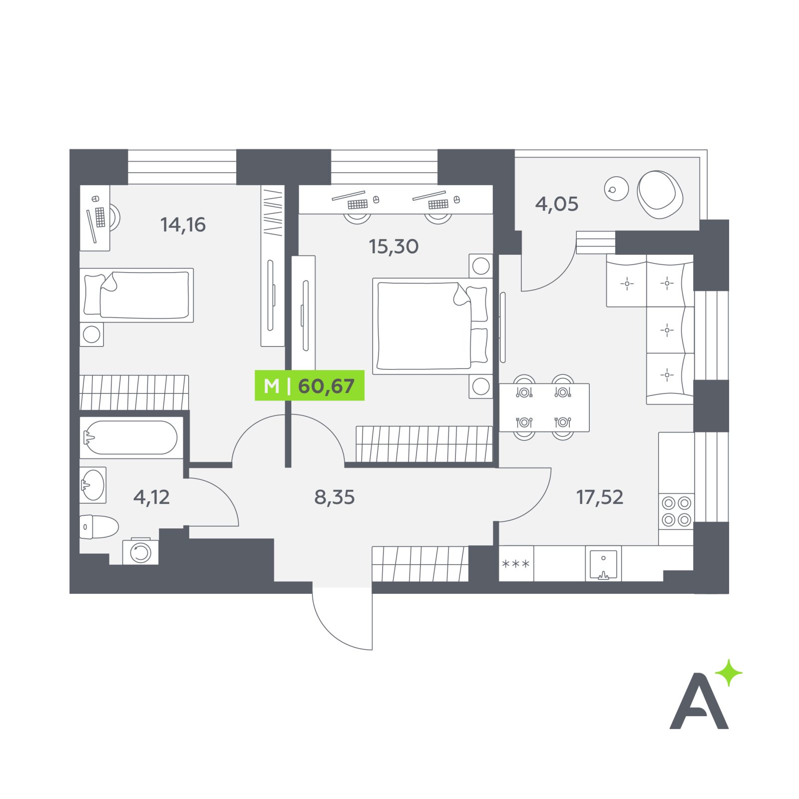 Планировка: 3-комнатная квартира, 60,7 м²