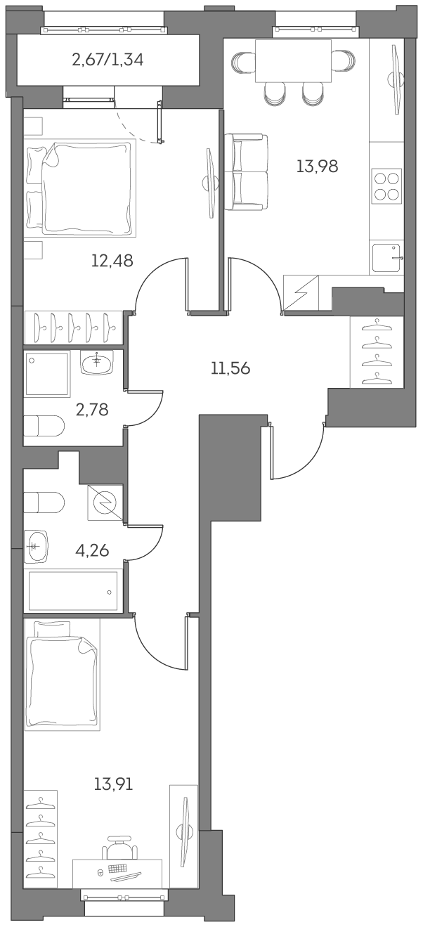 Планировка: 2-комнатная квартира, 60,3 м²