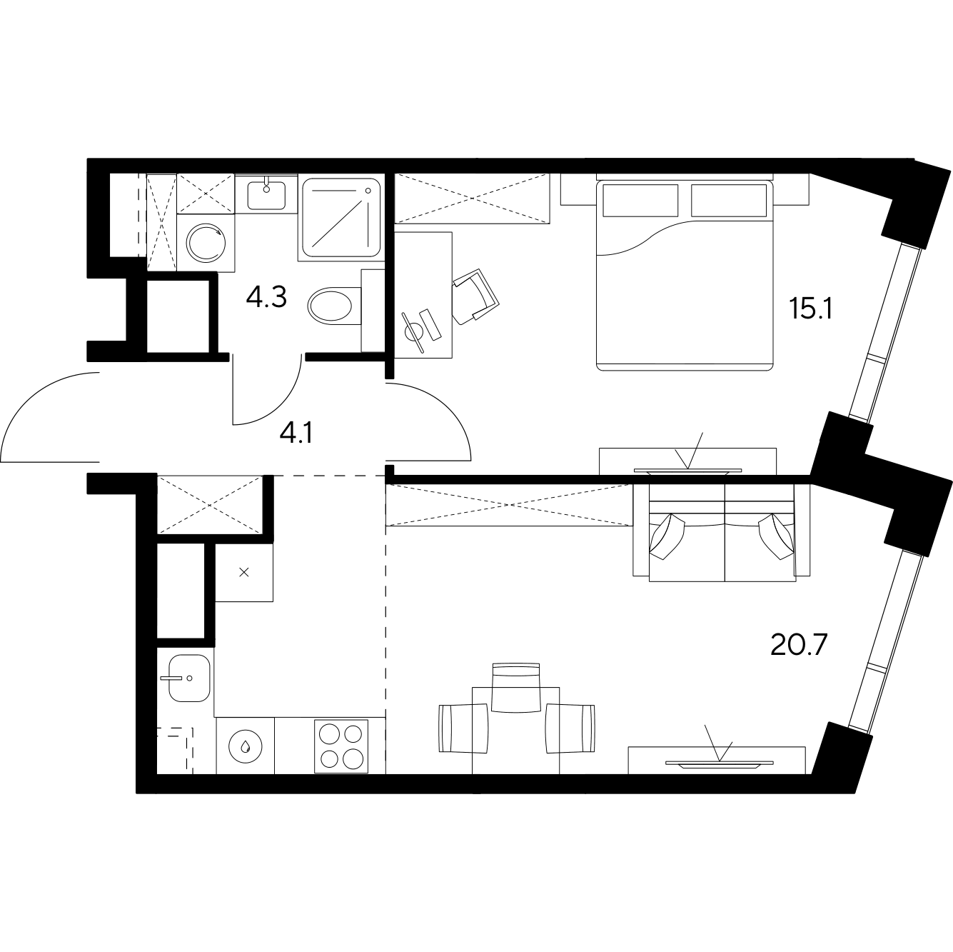 Планировка: 2-комнатная квартира, 44,2 м²