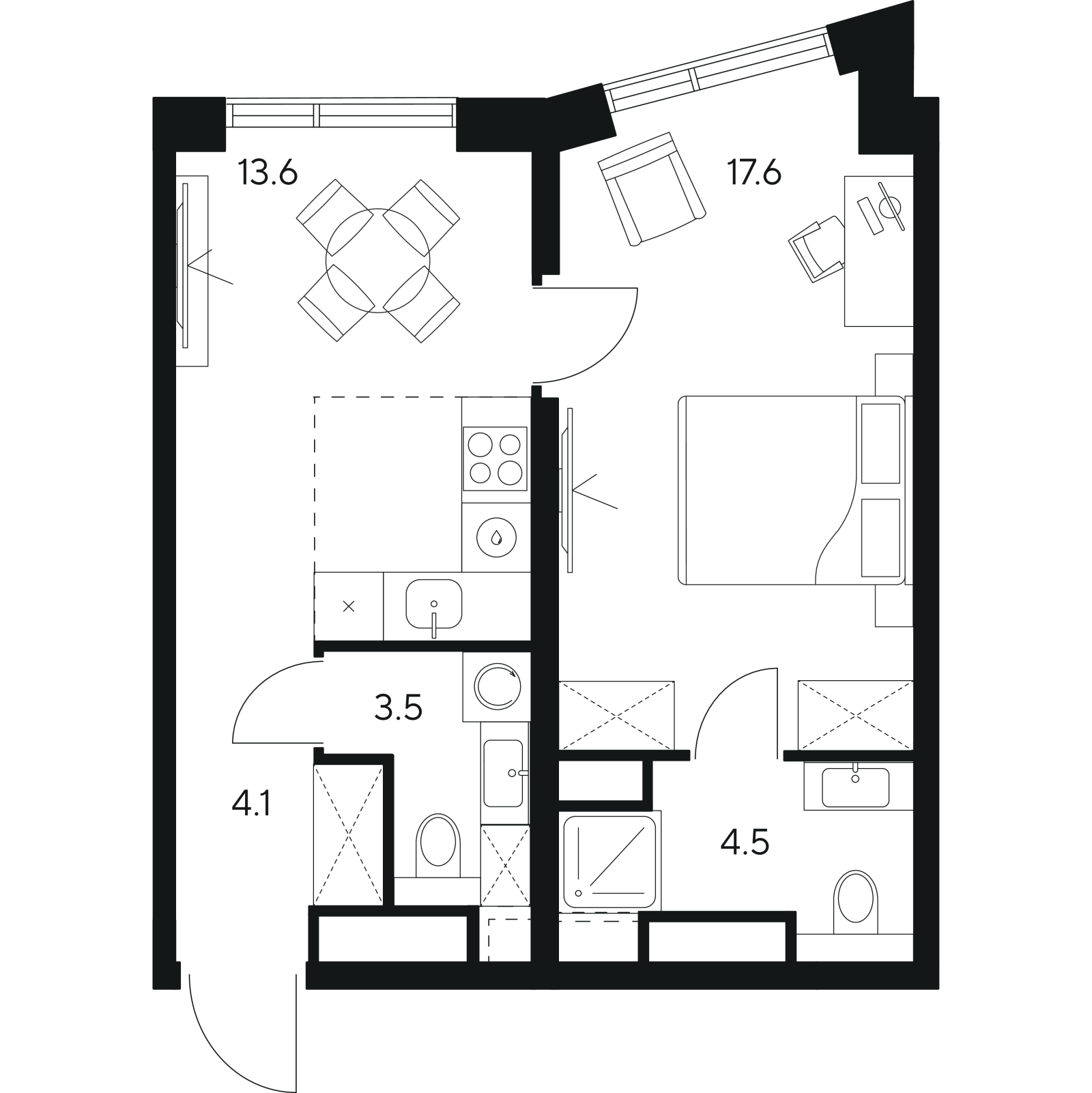 Планировка: 1-комнатная квартира, 43,3 м²