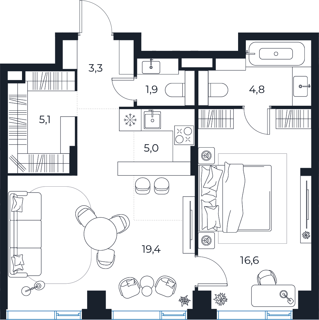 Планировка: 1-комнатная квартира, 56,1 м²