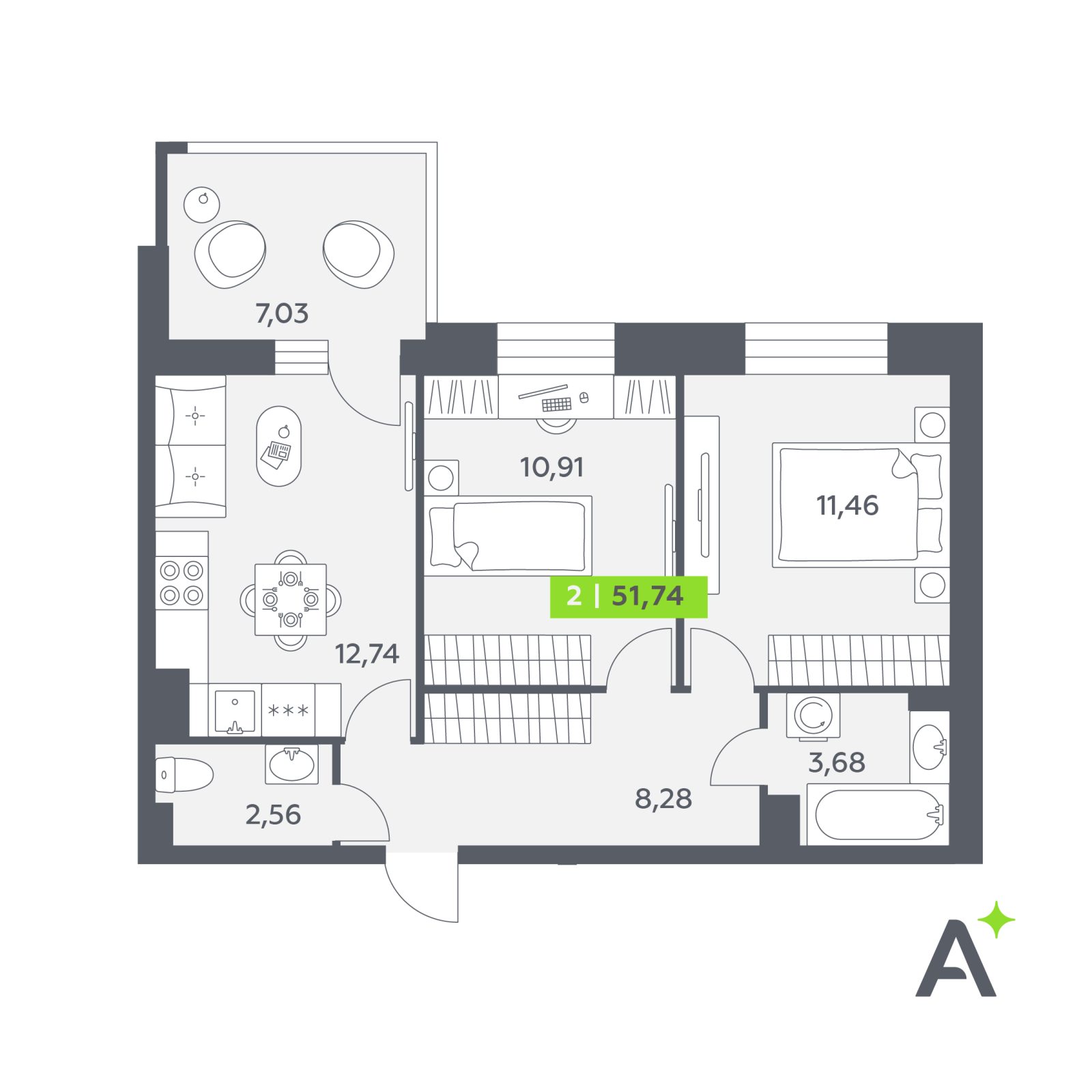 Планировка: 2-комнатная квартира, 51,7 м²
