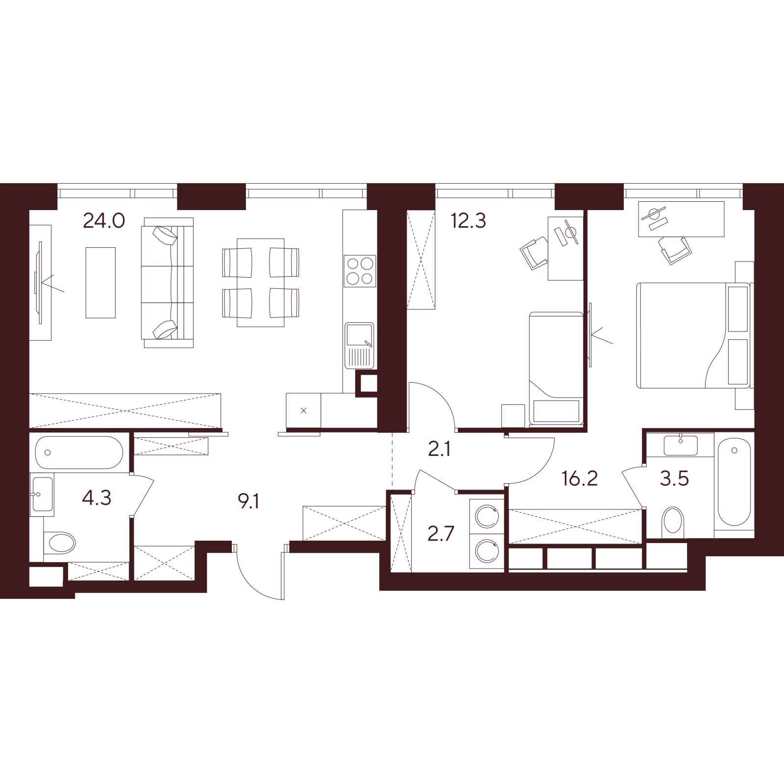 Планировка: 3-комнатная квартира, 74,2 м²
