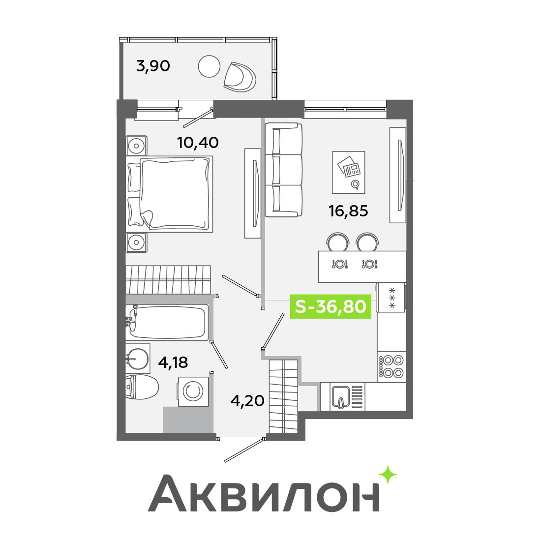 Планировка: 2-комнатная квартира, 36,8 м²