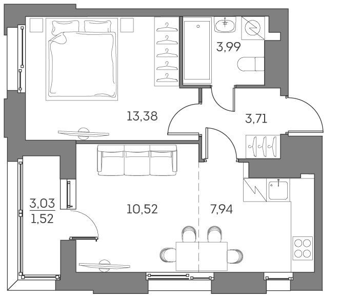 Планировка: 2-комнатная квартира, 41,1 м²