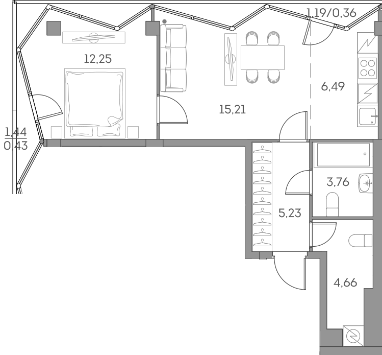Планировка: 2-комнатная квартира, 48,4 м²