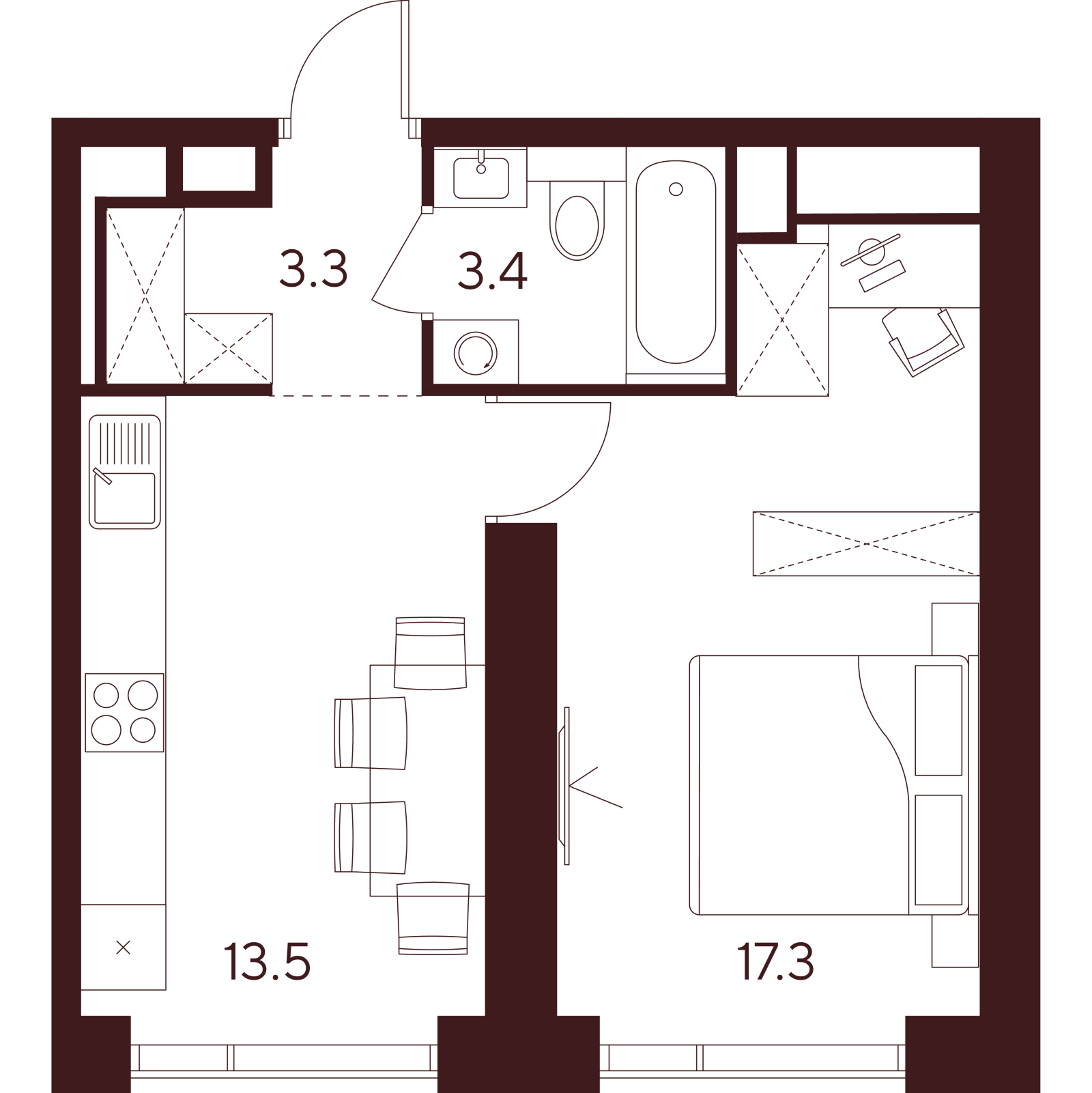 Планировка: 1-комнатная квартира, 37,5 м²