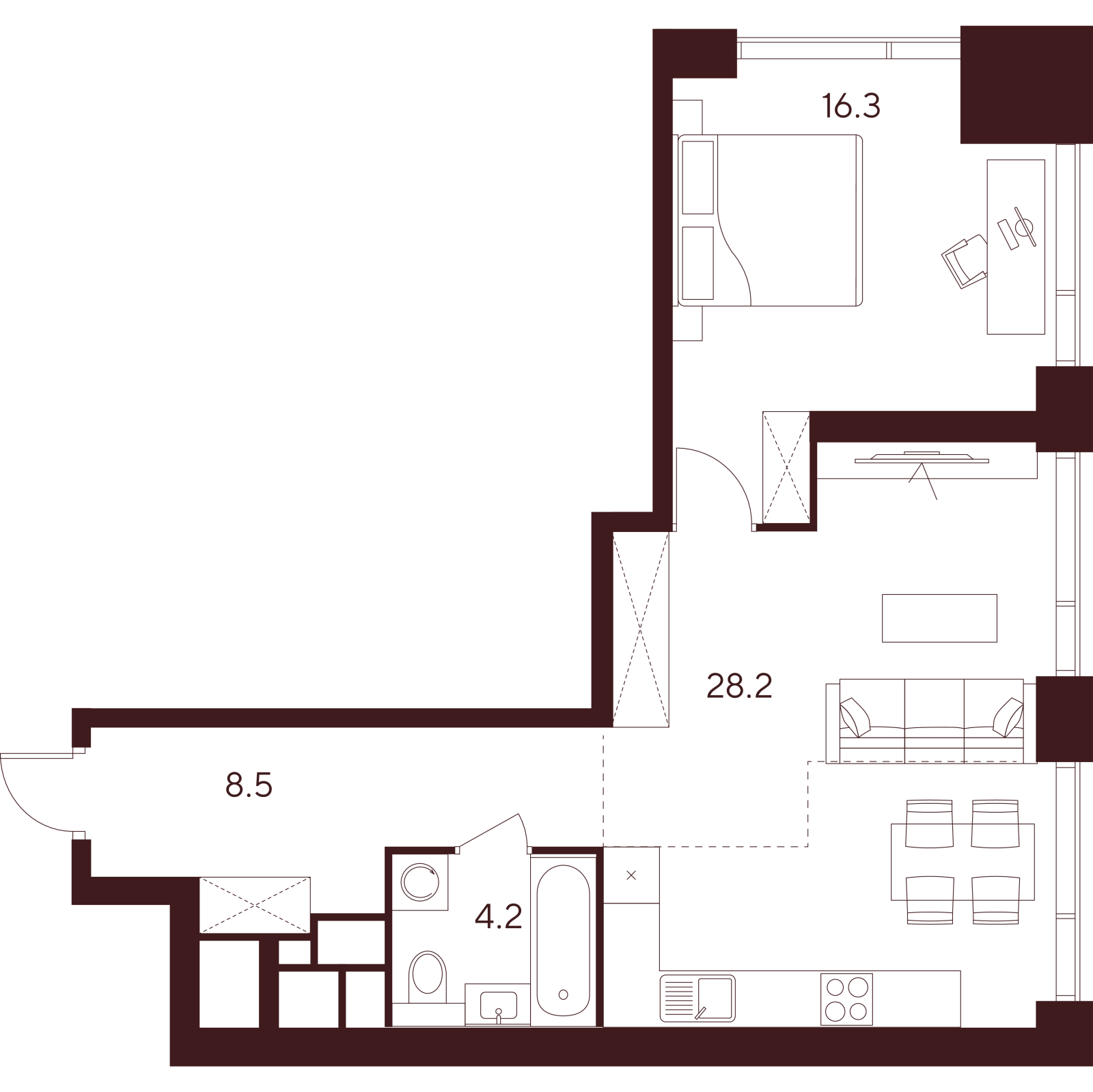 Планировка: 2-комнатная квартира, 57,2 м²