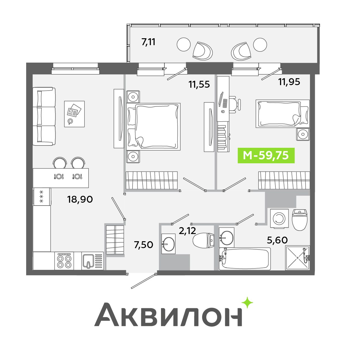 Планировка: 3-комнатная квартира, 59,8 м²