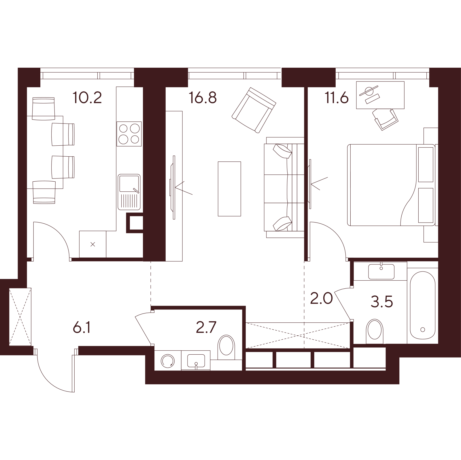 Планировка: 2-комнатная квартира, 52,9 м²