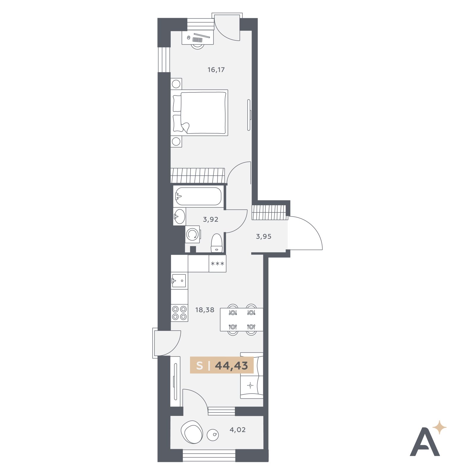 Планировка: 2-комнатная квартира, 44,4 м²