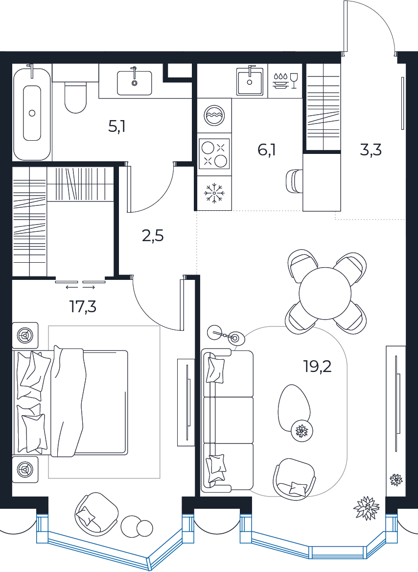 Планировка: 1-комнатная квартира, 53,5 м²