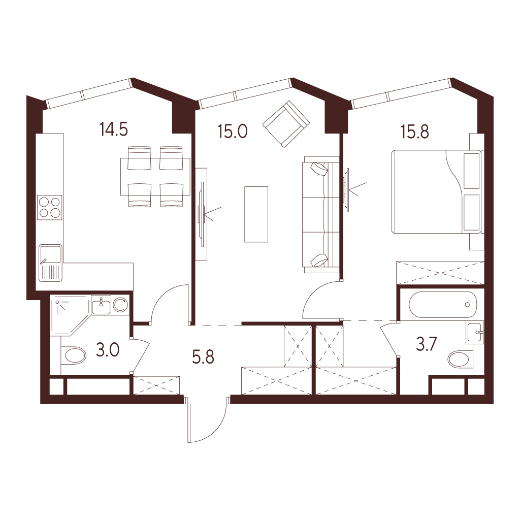 Планировка: 2-комнатная квартира, 57,8 м²
