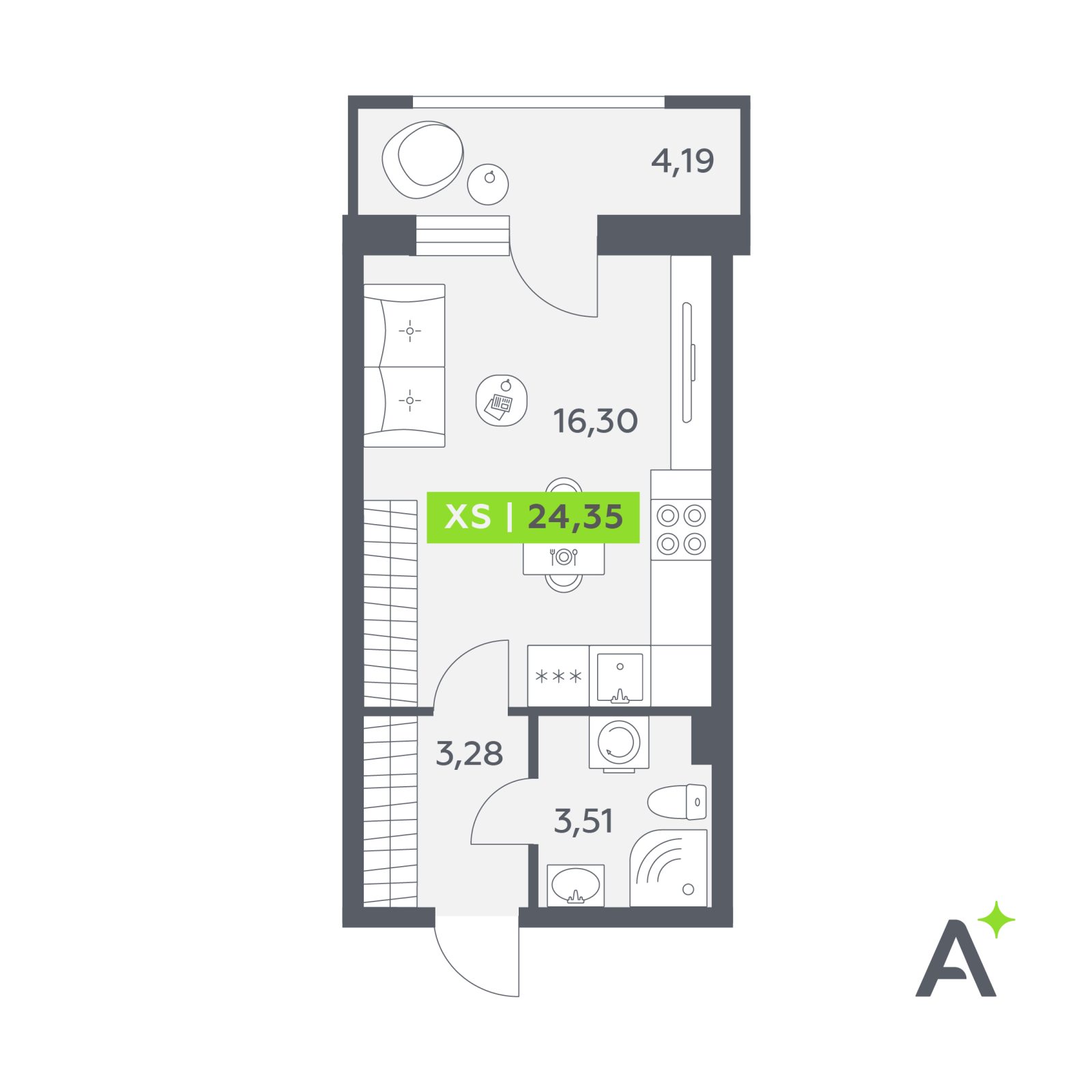 Планировка: студия, 24,4 м²