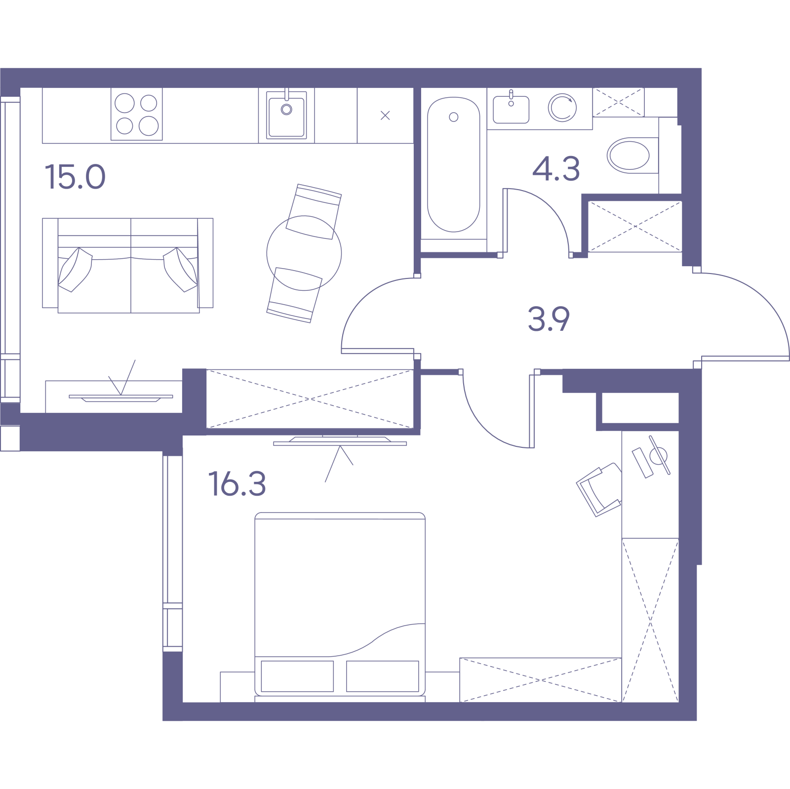 Планировка: 1-комнатная квартира, 39,5 м²