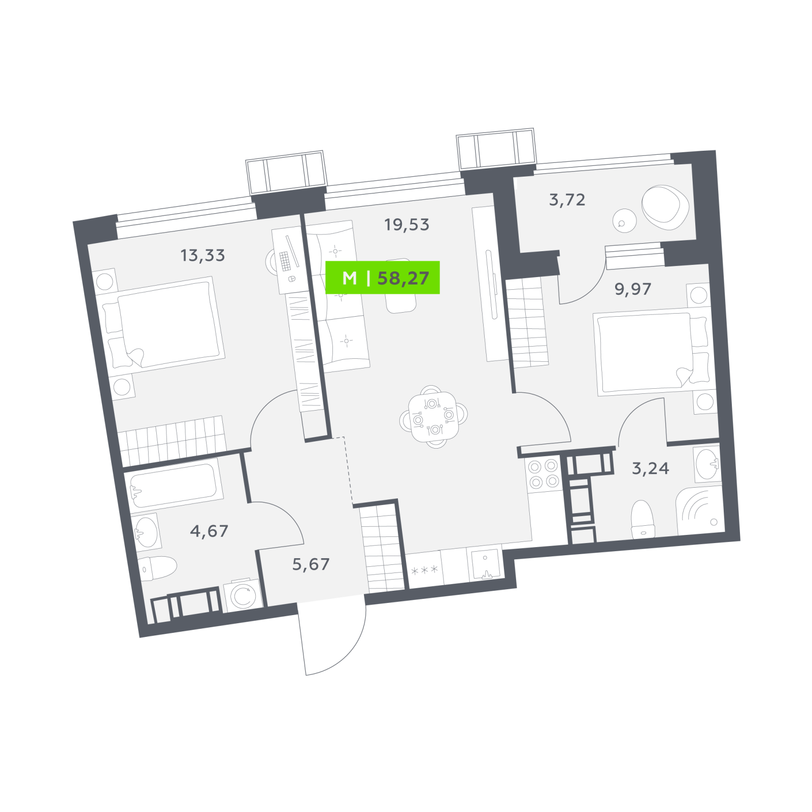 Планировка: 3-комнатная квартира, 58,3 м²