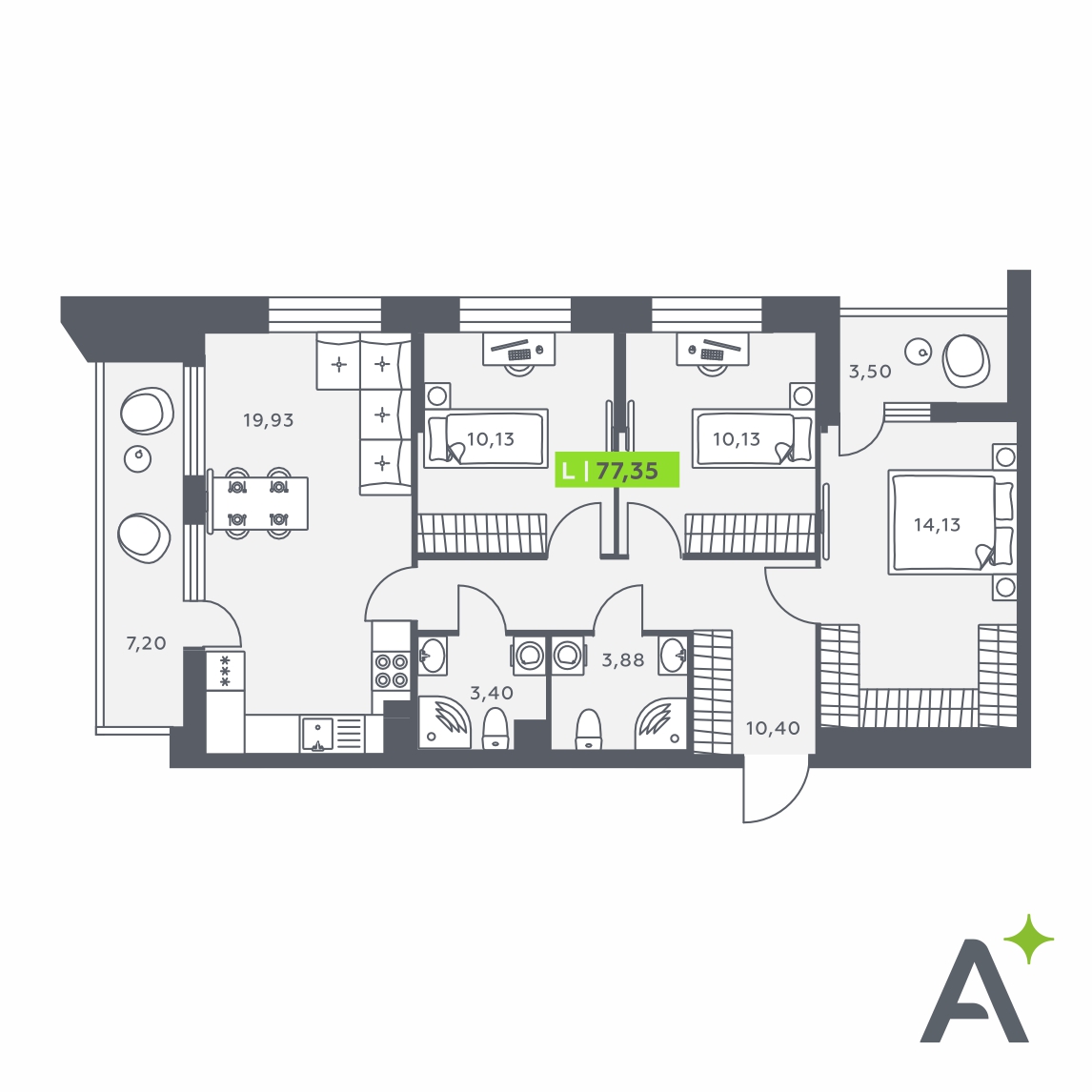 Планировка: 4-комнатная квартира, 77,4 м²