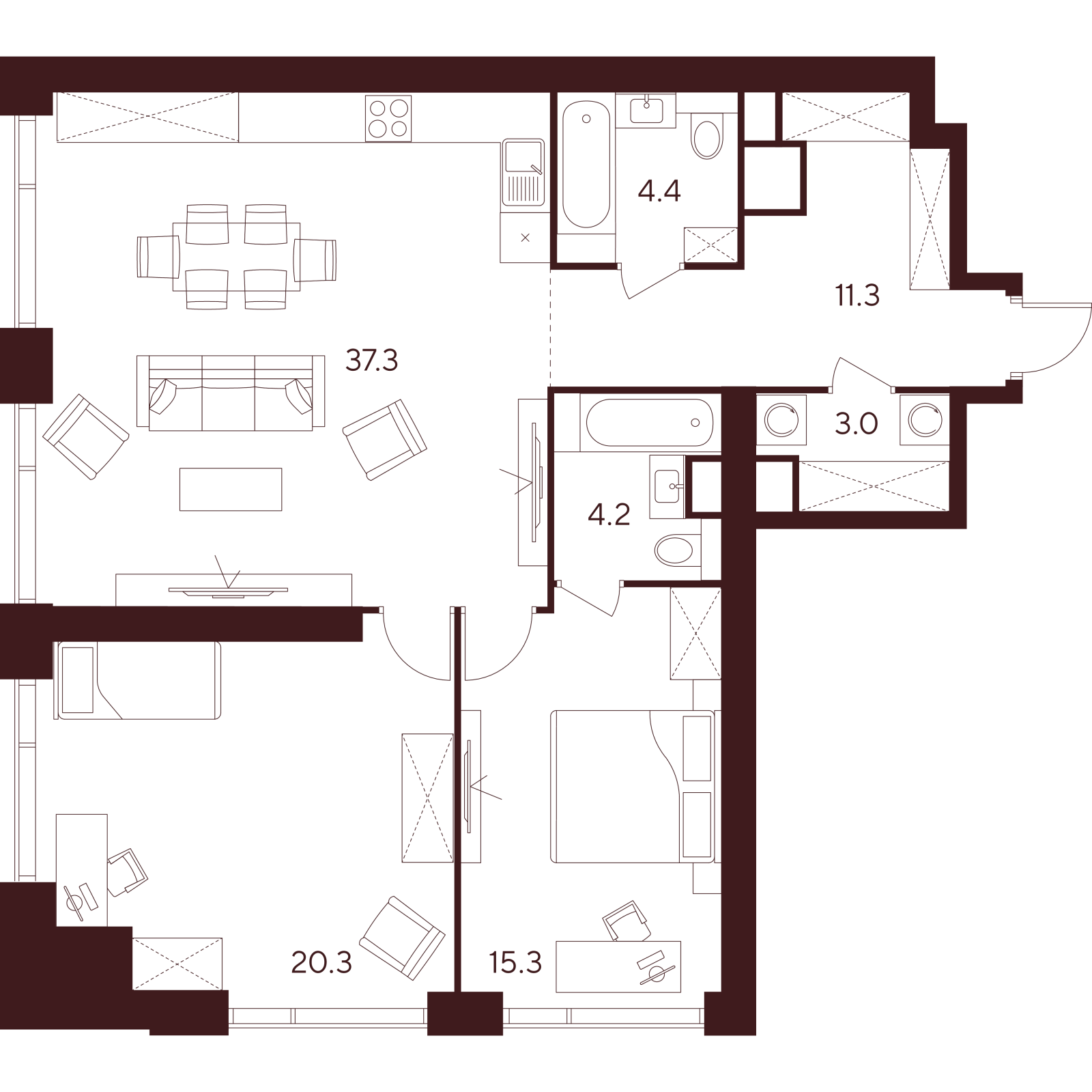 Планировка: 3-комнатная квартира, 95,8 м²