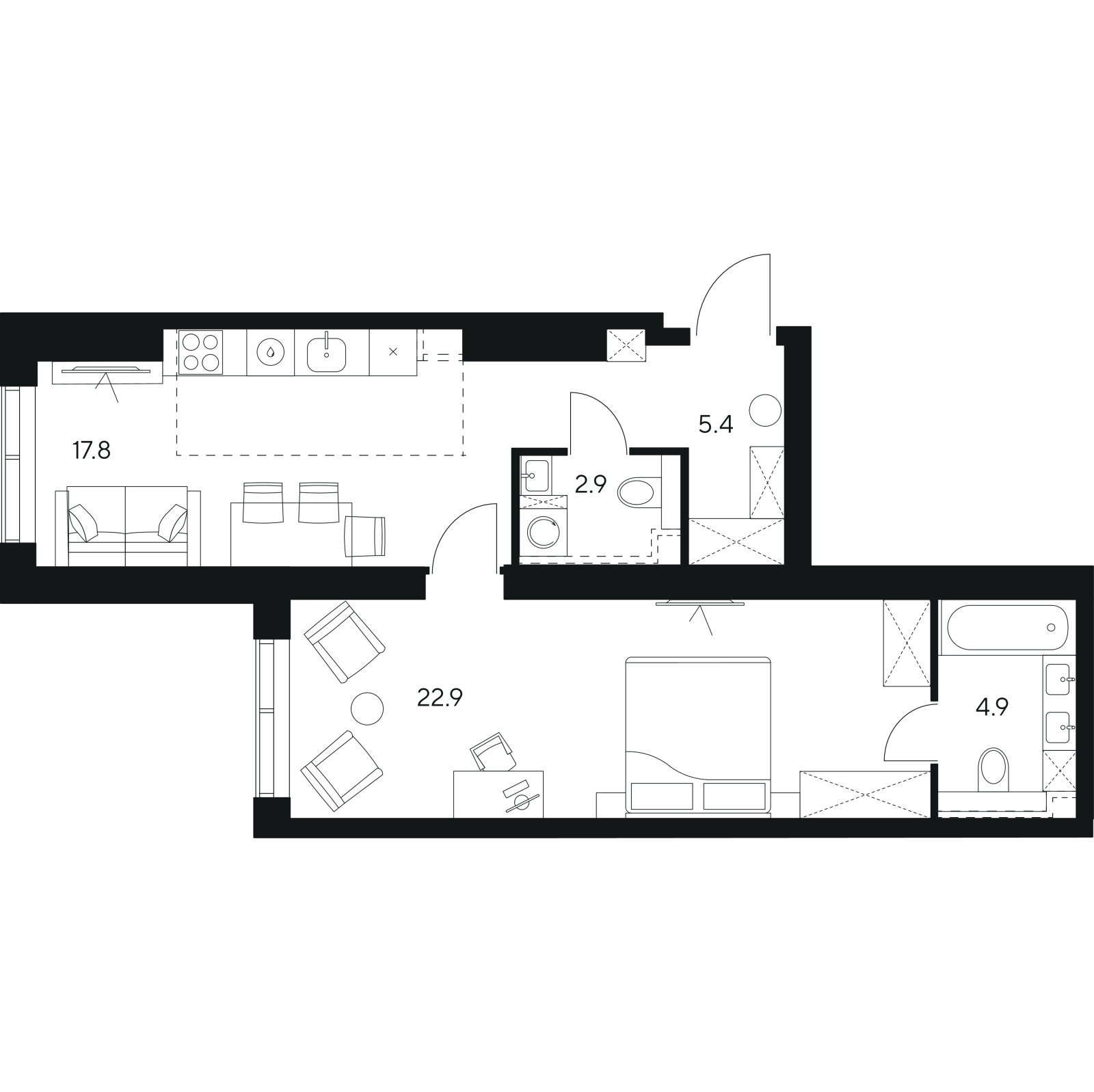 Планировка: 2-комнатная квартира, 53,9 м²